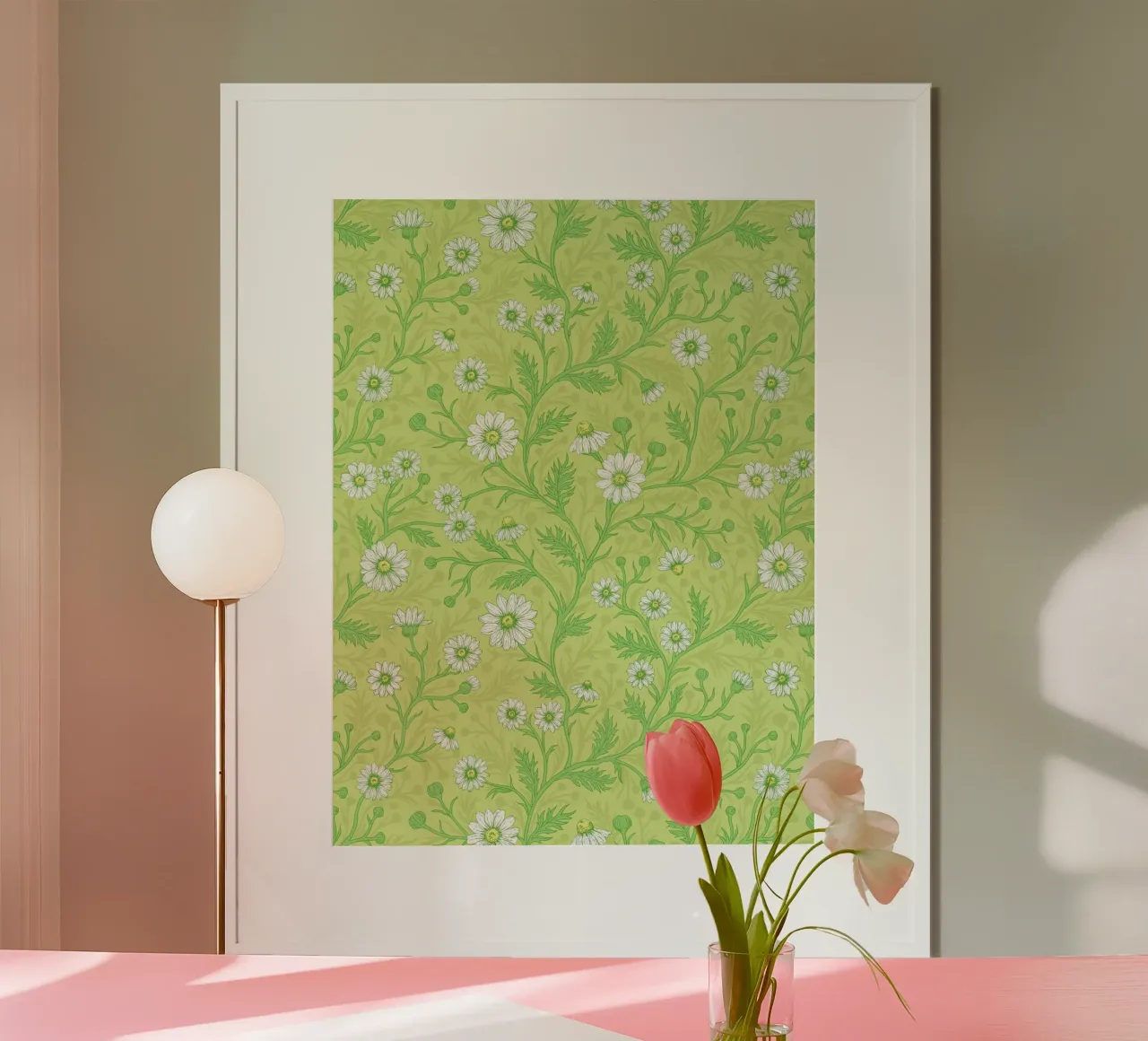 Madeliefjes in wit en groen op honingdauwgroen poster van Painted Nature