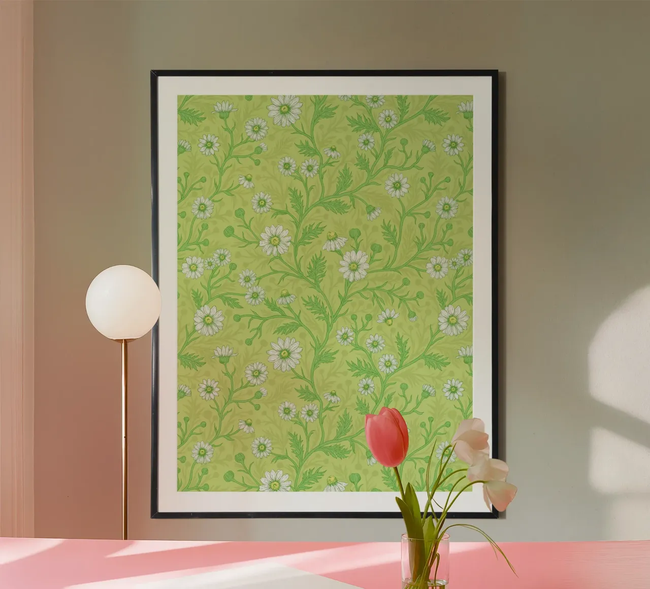 Madeliefjes in wit en groen op honingdauwgroen poster van Painted Nature