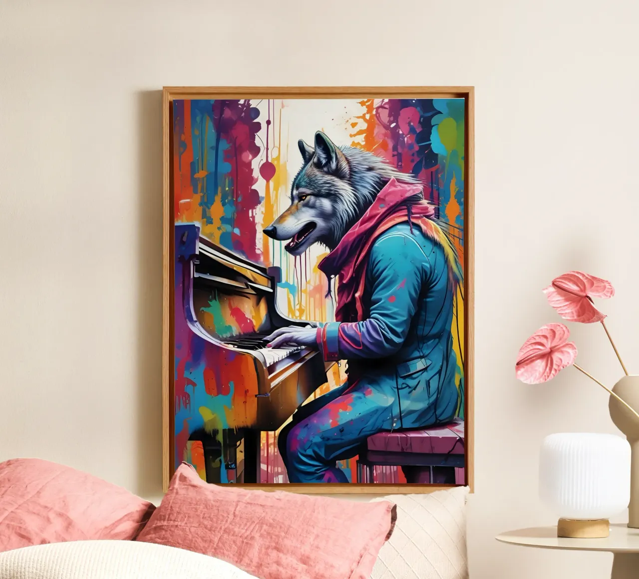 Lobo tocando el piano lienzo con Marco flotante de MakArena