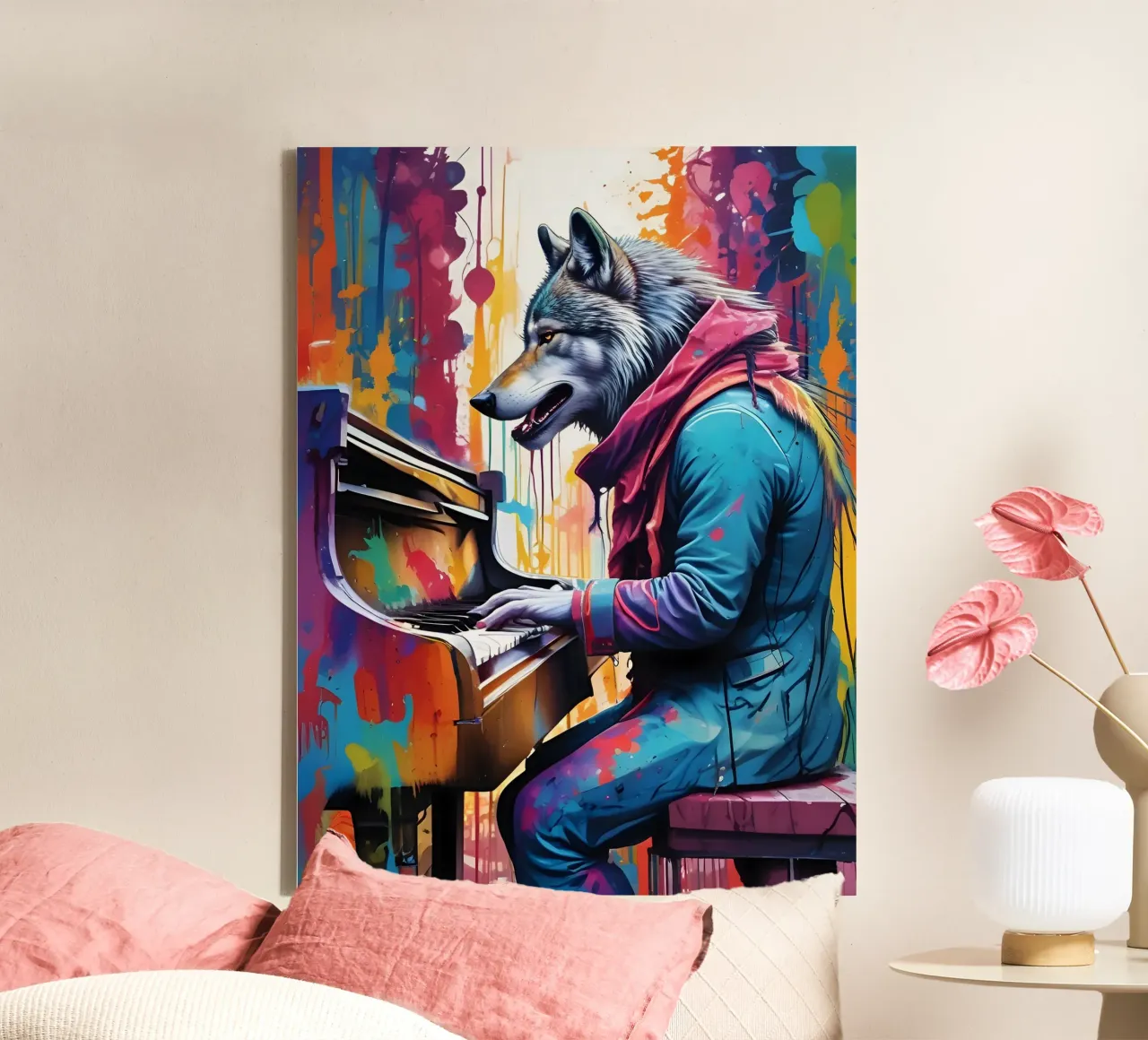 Lobo tocando el piano lienzo con Marco flotante de MakArena