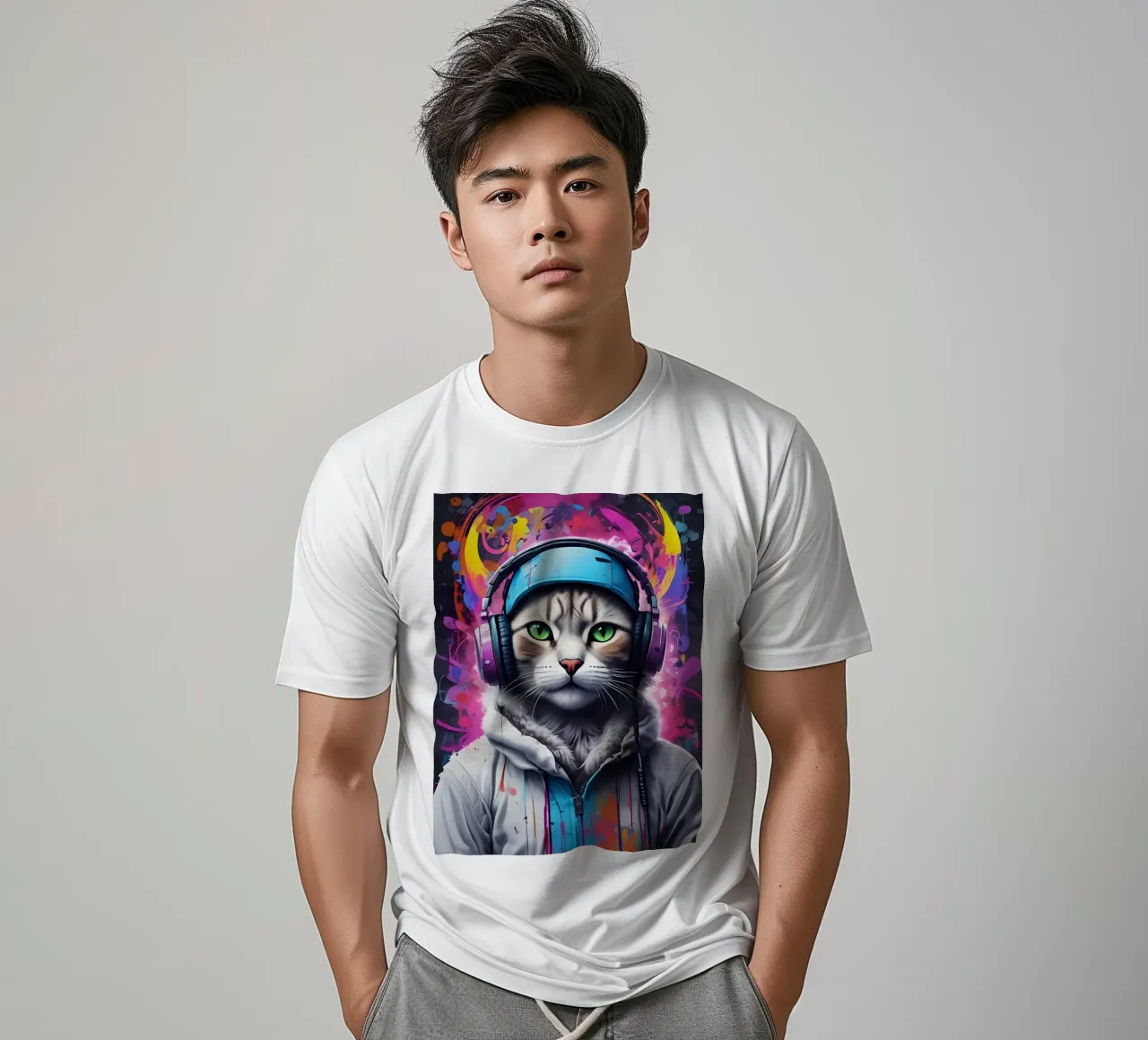 Gatto occhi verdi in cuffia t-shirt da MakArena