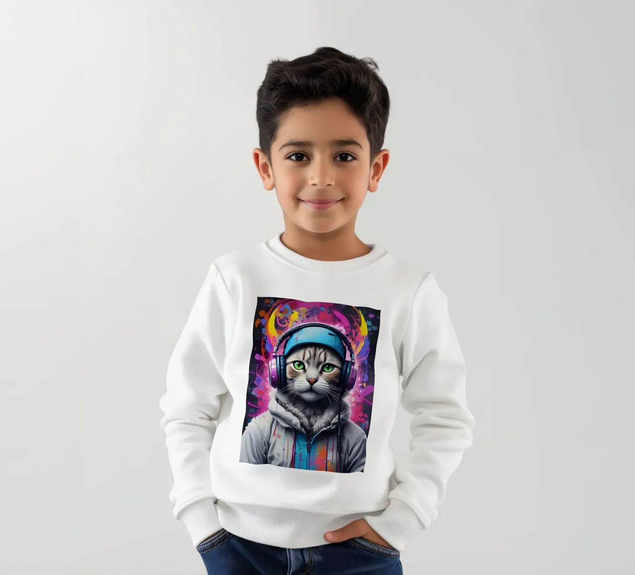 Gatto occhi verdi in cuffia felpa bambino da MakArena
