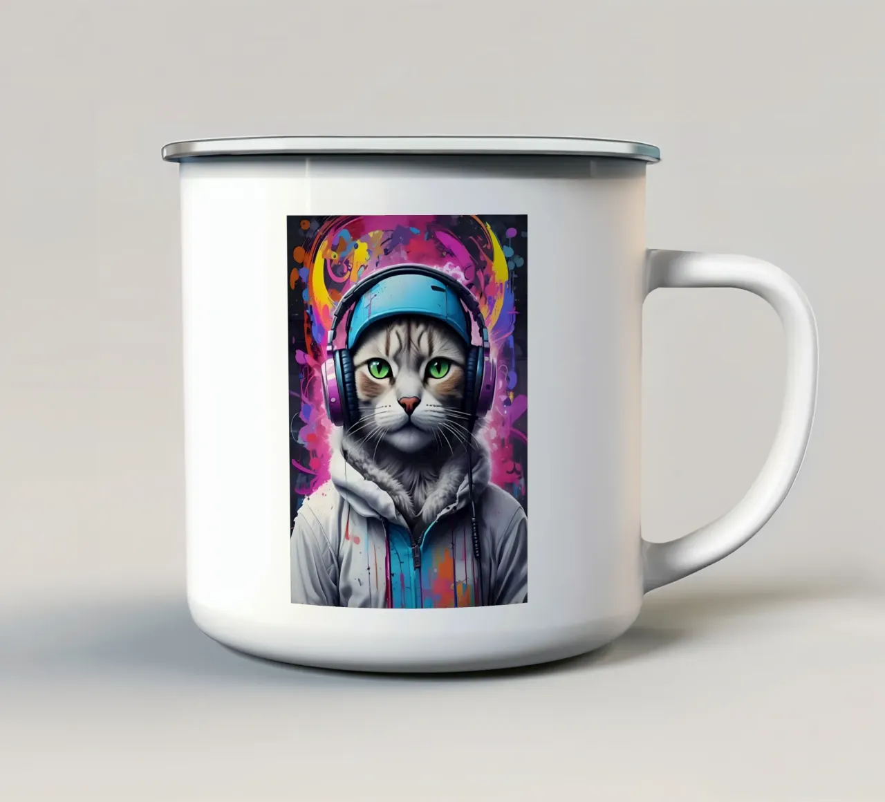 Gatto occhi verdi in cuffia tazza in smalto da MakArena