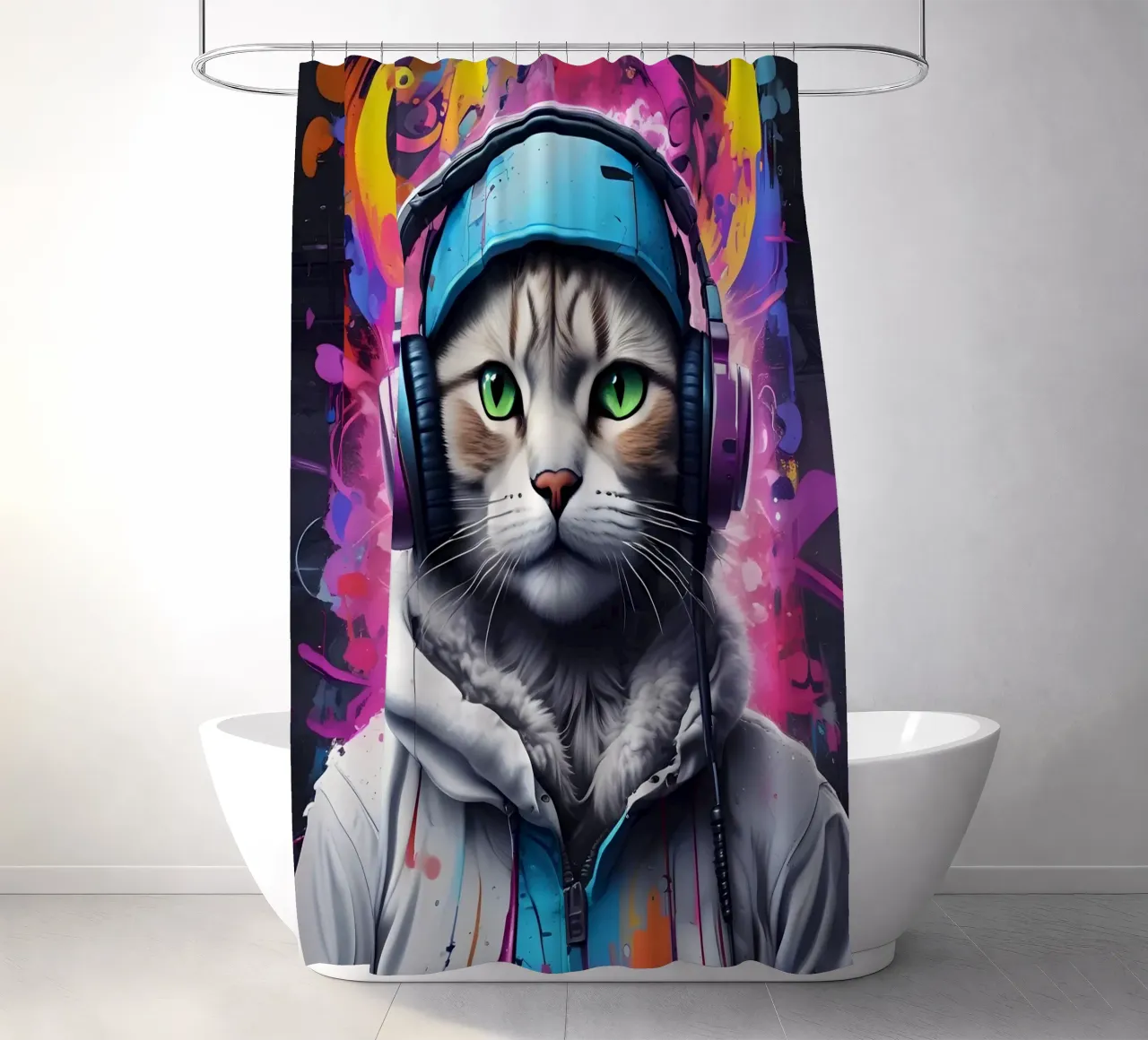 Gatto occhi verdi in cuffia tenda da doccia da MakArena