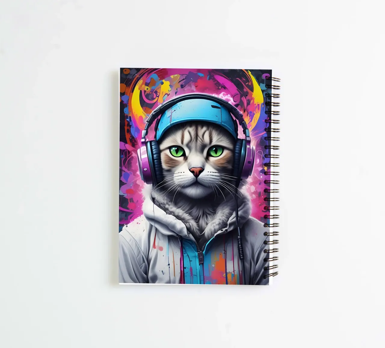 Cat green eyes in headphone spiral notebook by MakArena