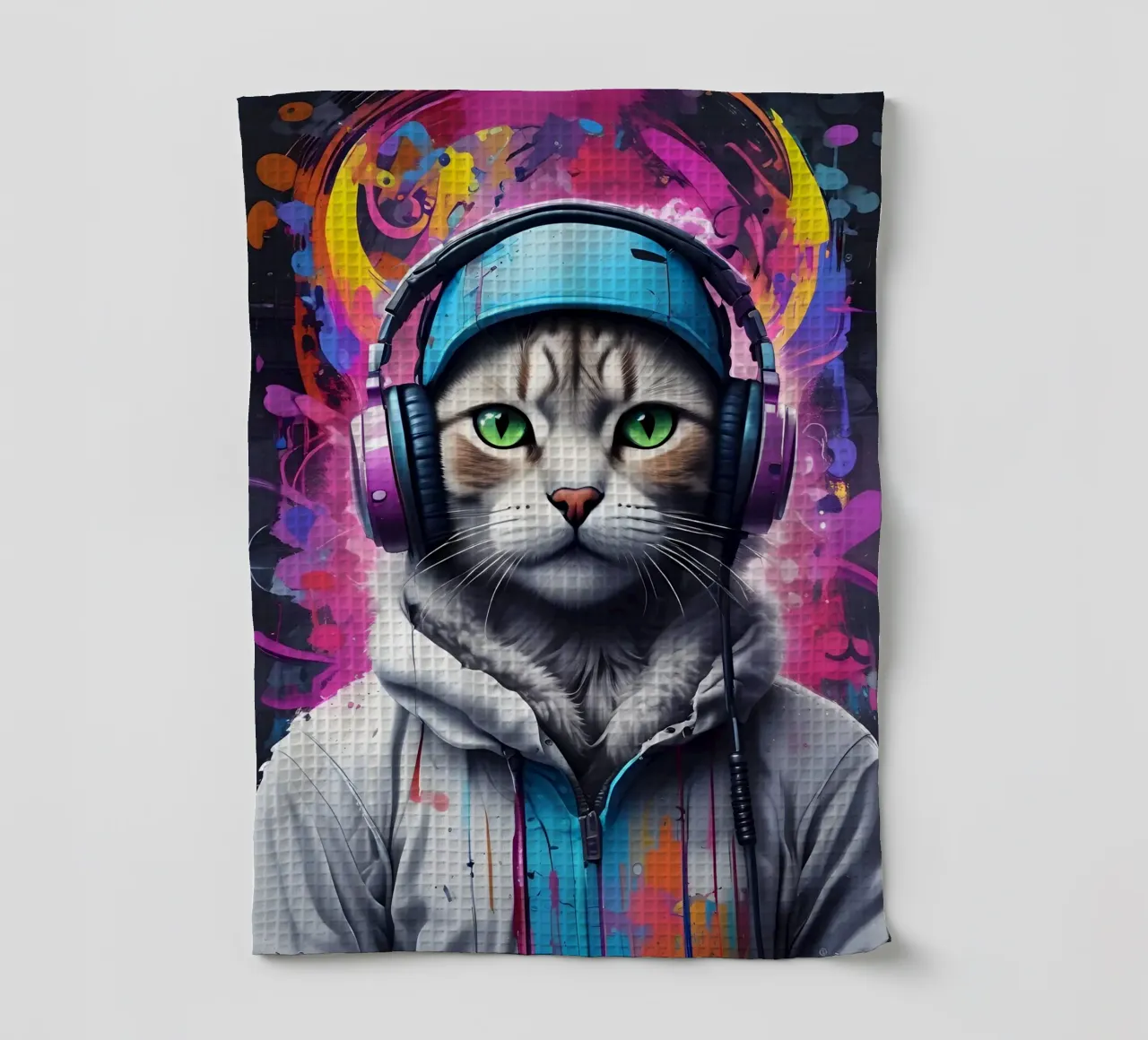 Chat yeux verts dans un casque torchon de MakArena