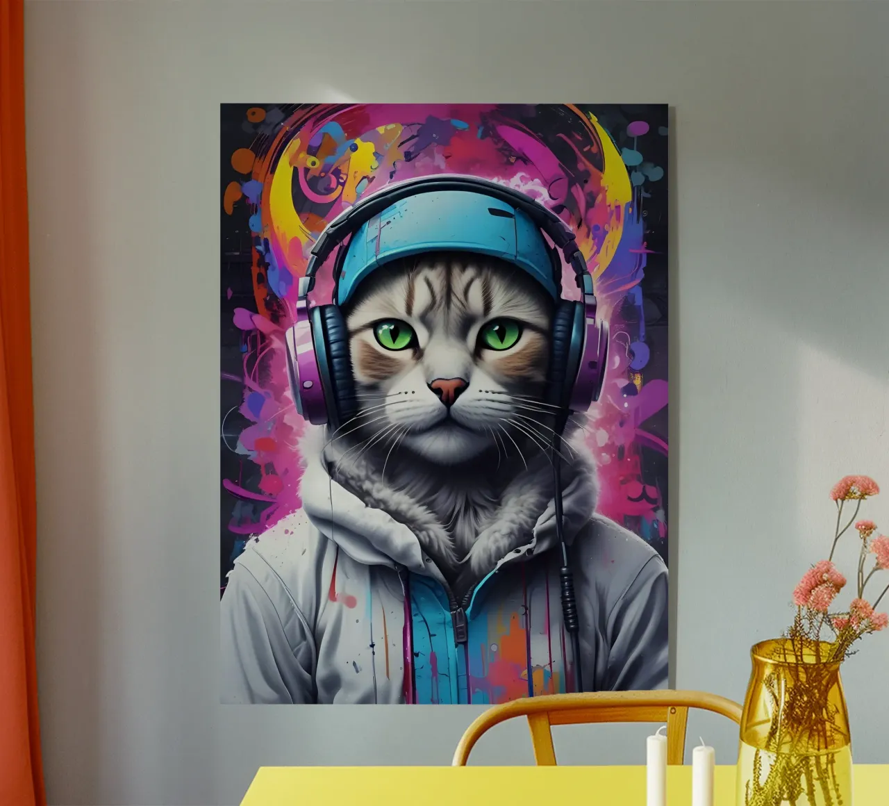 Gatto occhi verdi in cuffia plexiglass da MakArena