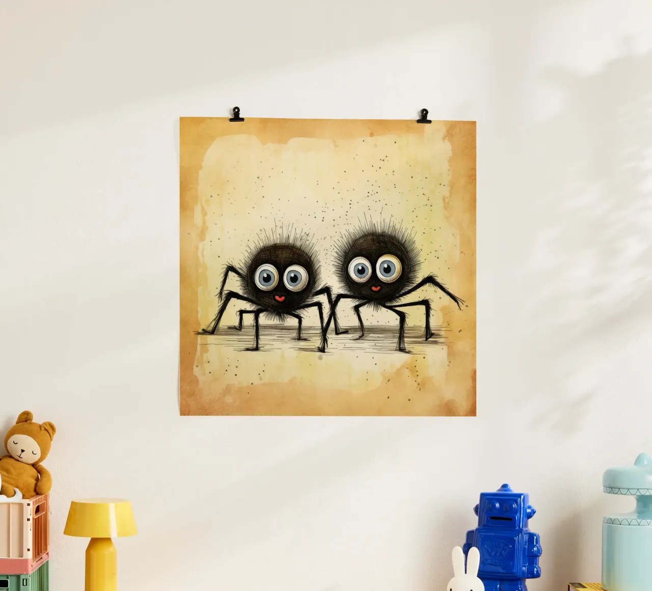 Duo di ragni retrò poster con telaio in alluminio da Funny Animals