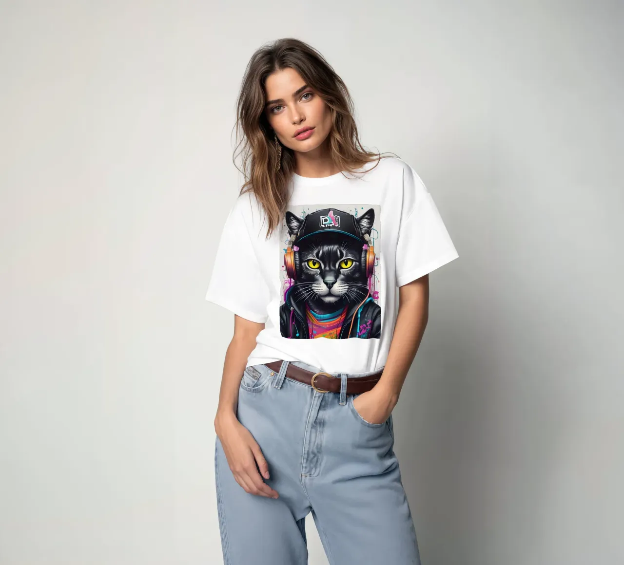 Gatto nero in cuffia t-shirt da MakArena