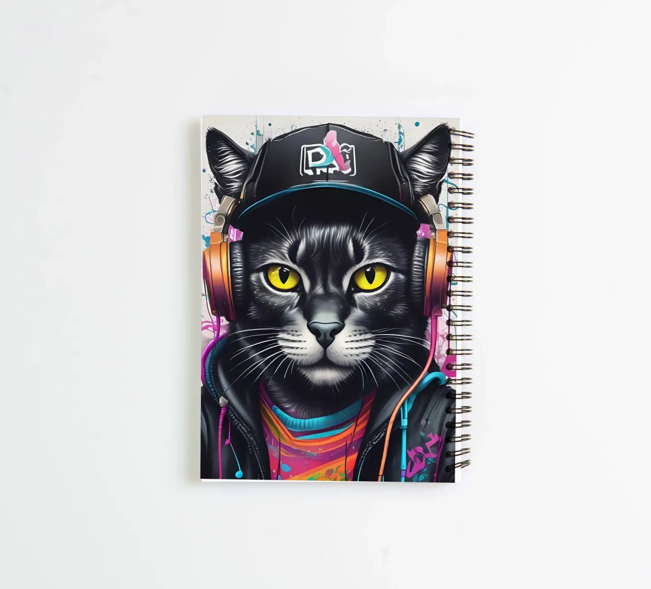Black cat in headphone spiral notebook by MakArena