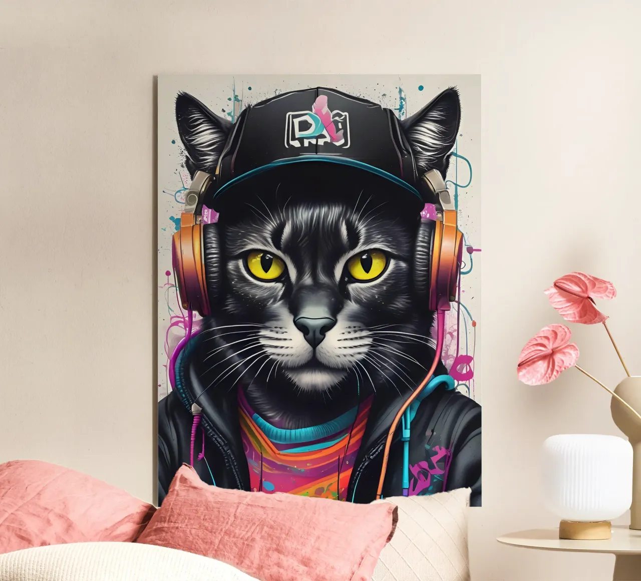 Gatto nero in cuffia alluminio dibond da MakArena