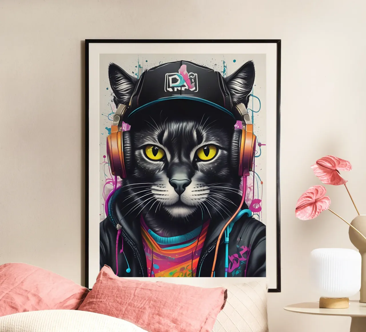 Gatto nero in cuffia carta hahnemühle da MakArena