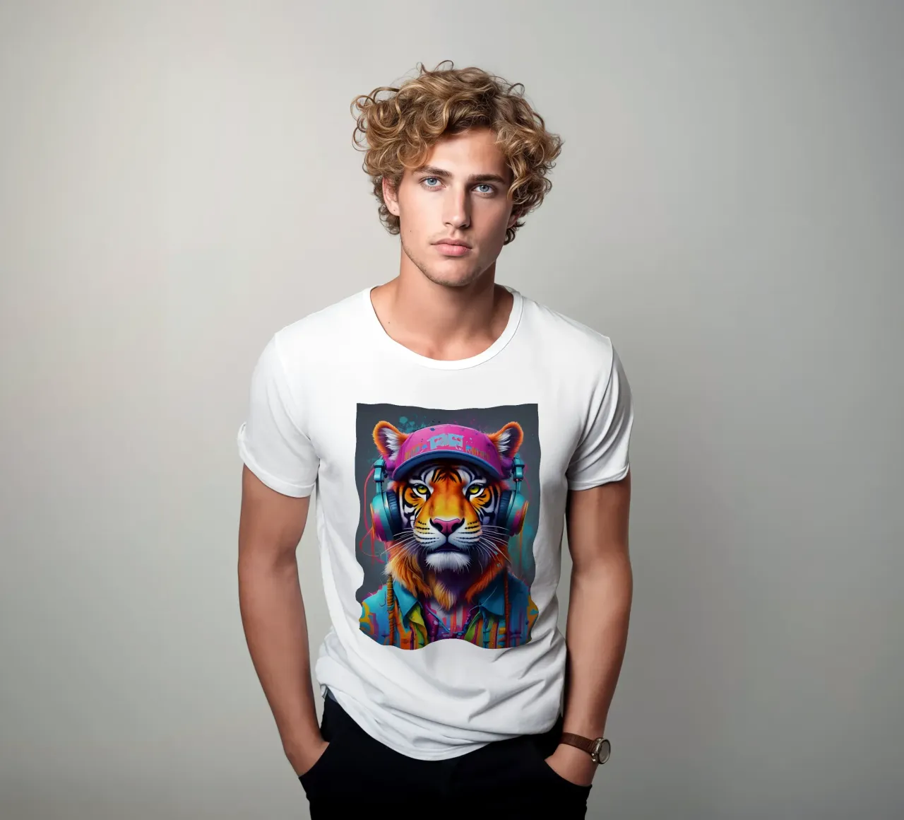 Tigre con berretto e cuffie t-shirt da MakArena