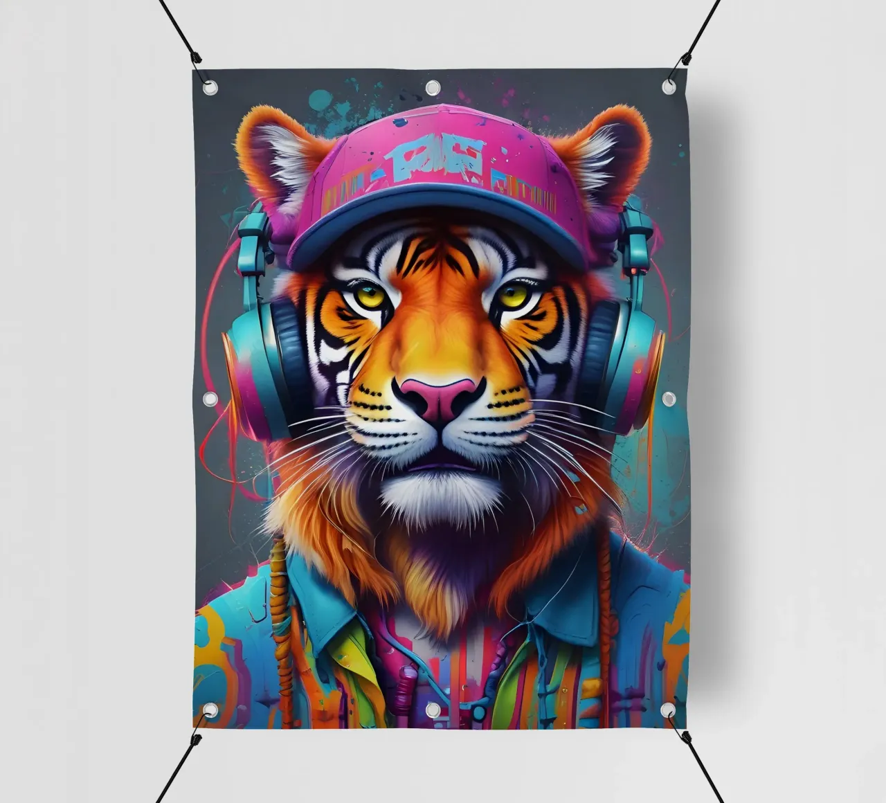 Tigre con berretto e cuffie telo in pvc da MakArena