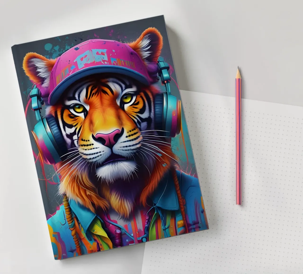 Tiger in cap with headphones notebook by MakArena
