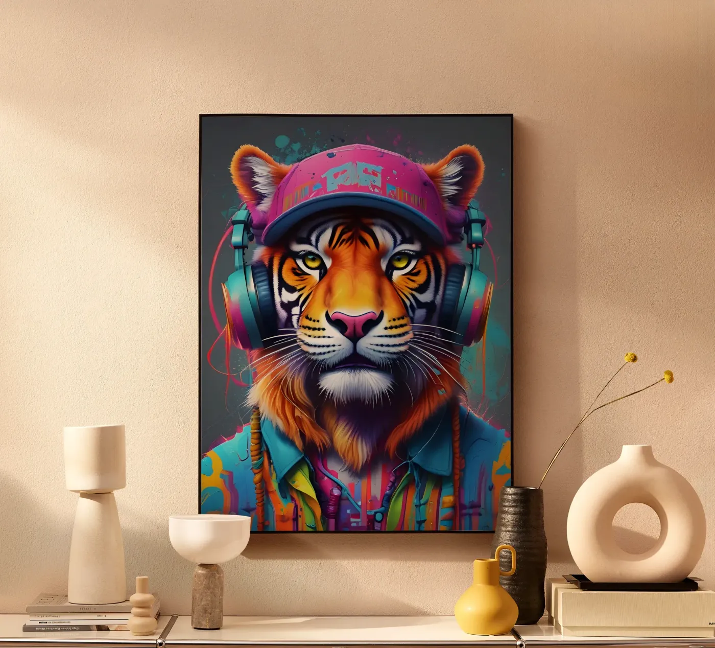 Tigre con berretto e cuffie plexiglass da MakArena