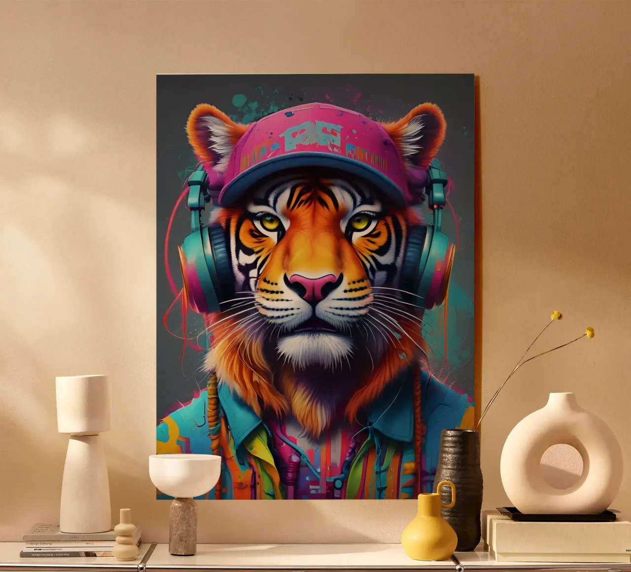 Tigre con berretto e cuffie plexiglass da MakArena