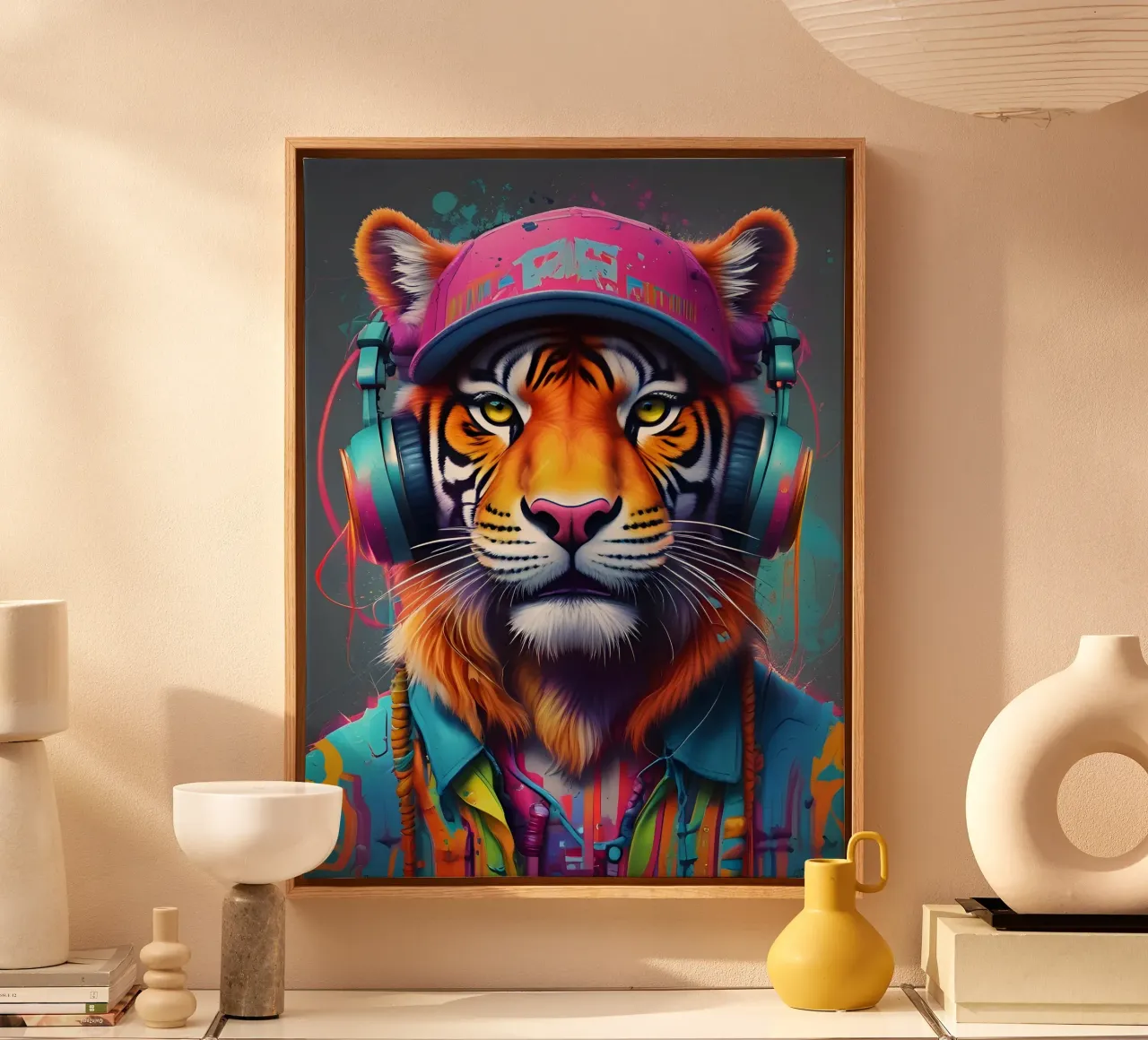 Tigre con berretto e cuffie tela con Cornice a cassetta da MakArena