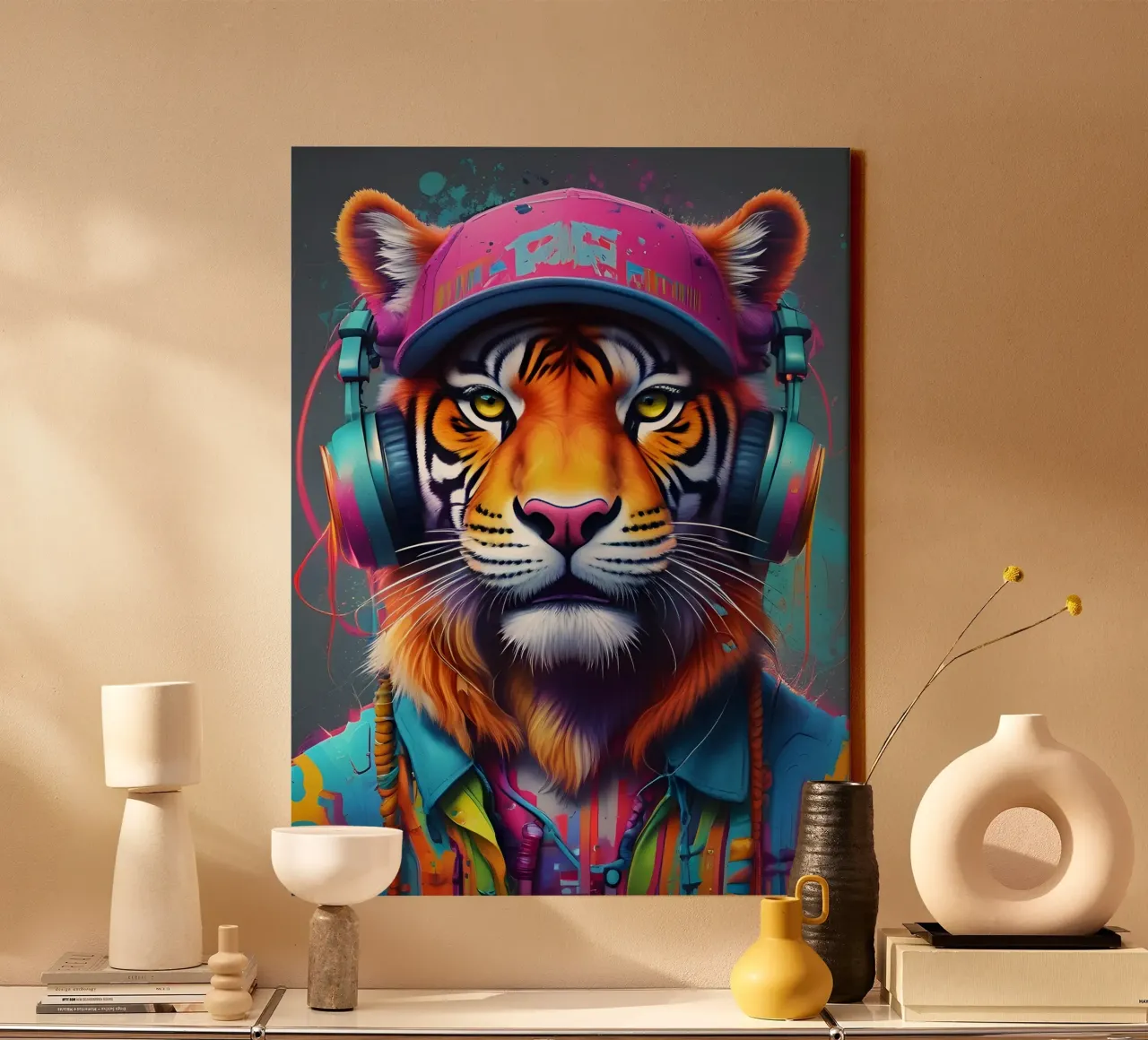 Tigre con berretto e cuffie tela con Cornice a cassetta da MakArena