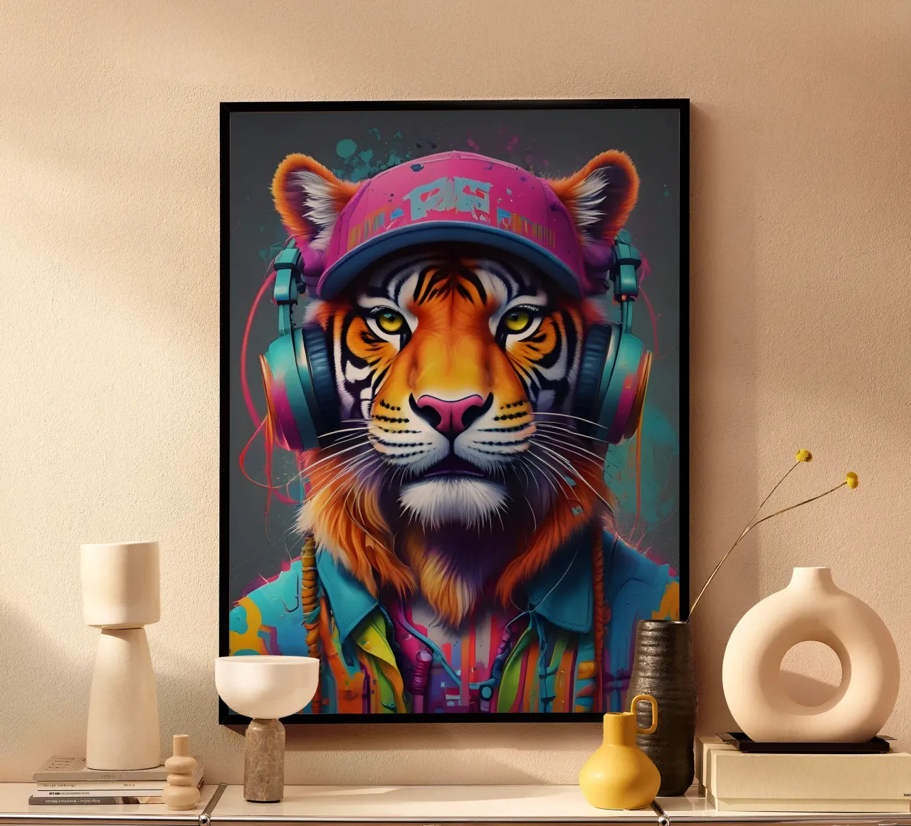 Tigre con berretto e cuffie carta hahnemühle da MakArena