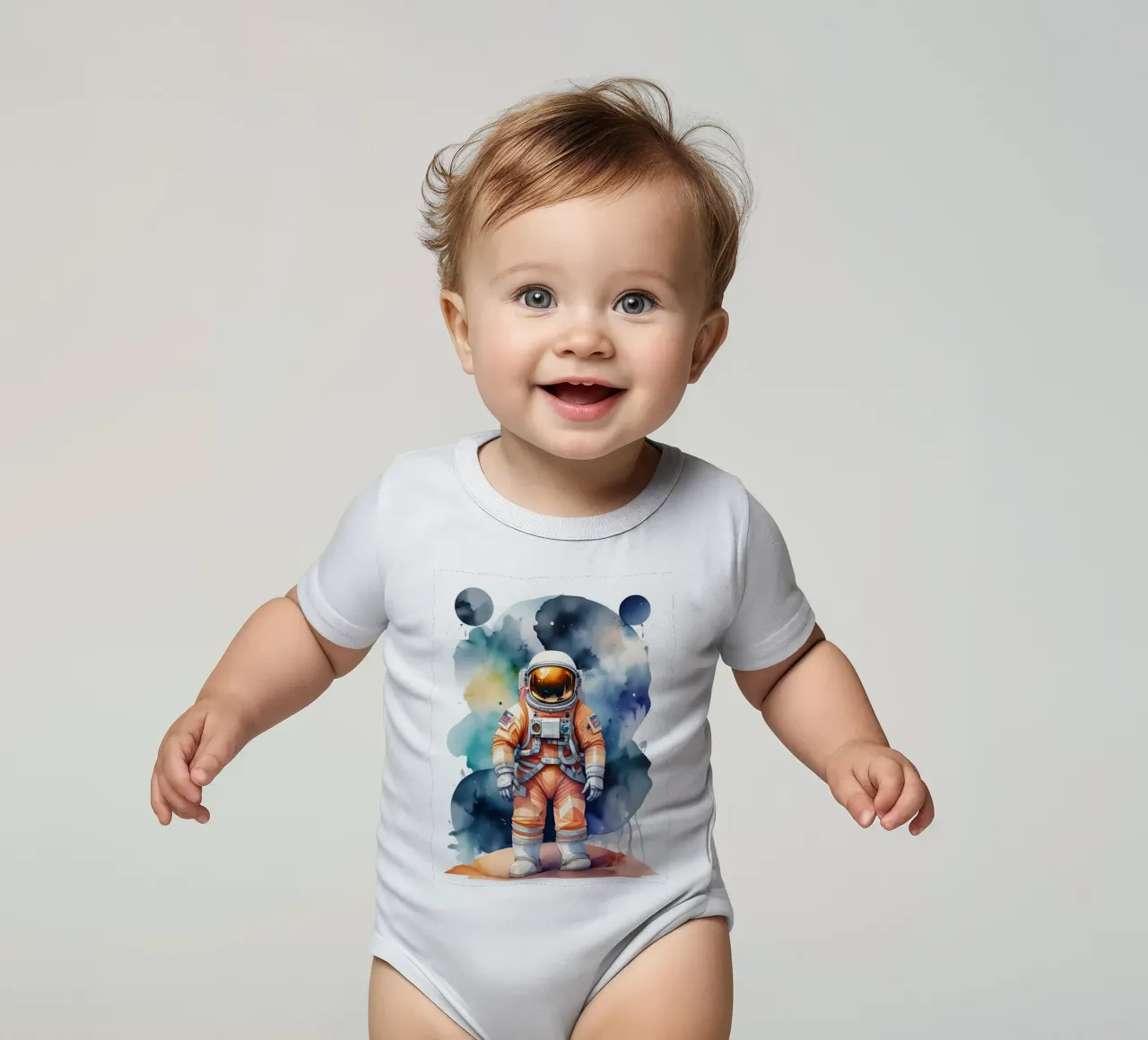 Astronaut in Aquarell Raum - Moderne Sci-Fi Wandkunst Kurzarm Babybody von Minimalism