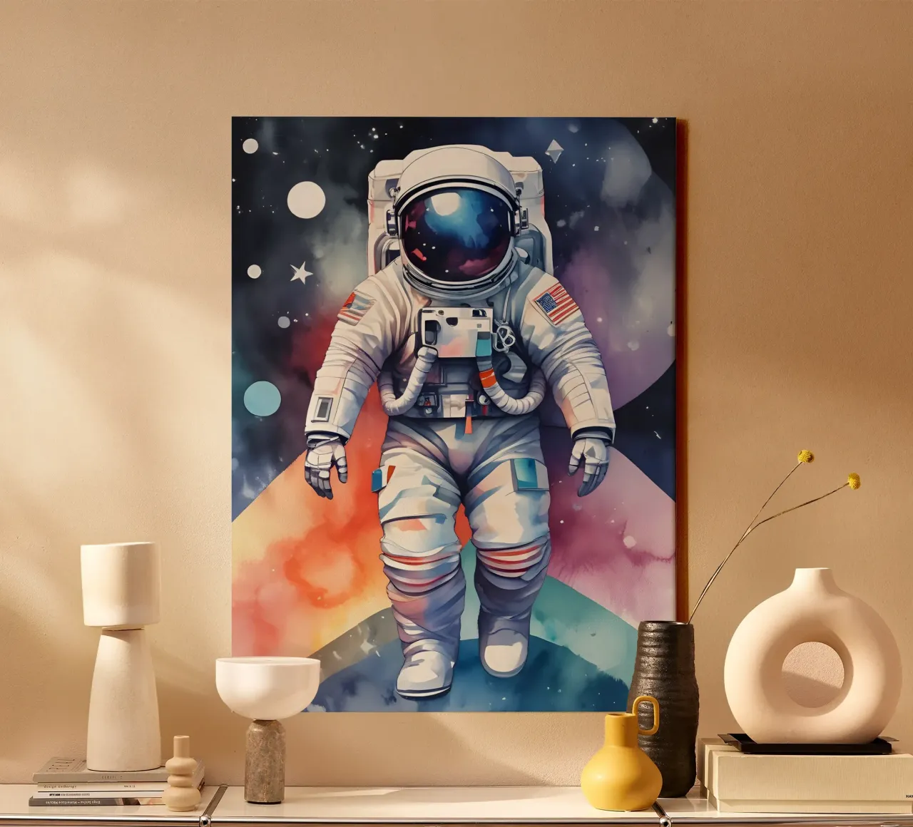Astronaut in aquarelruimte - Minimalisme canvas met Baklijst van Minimalism