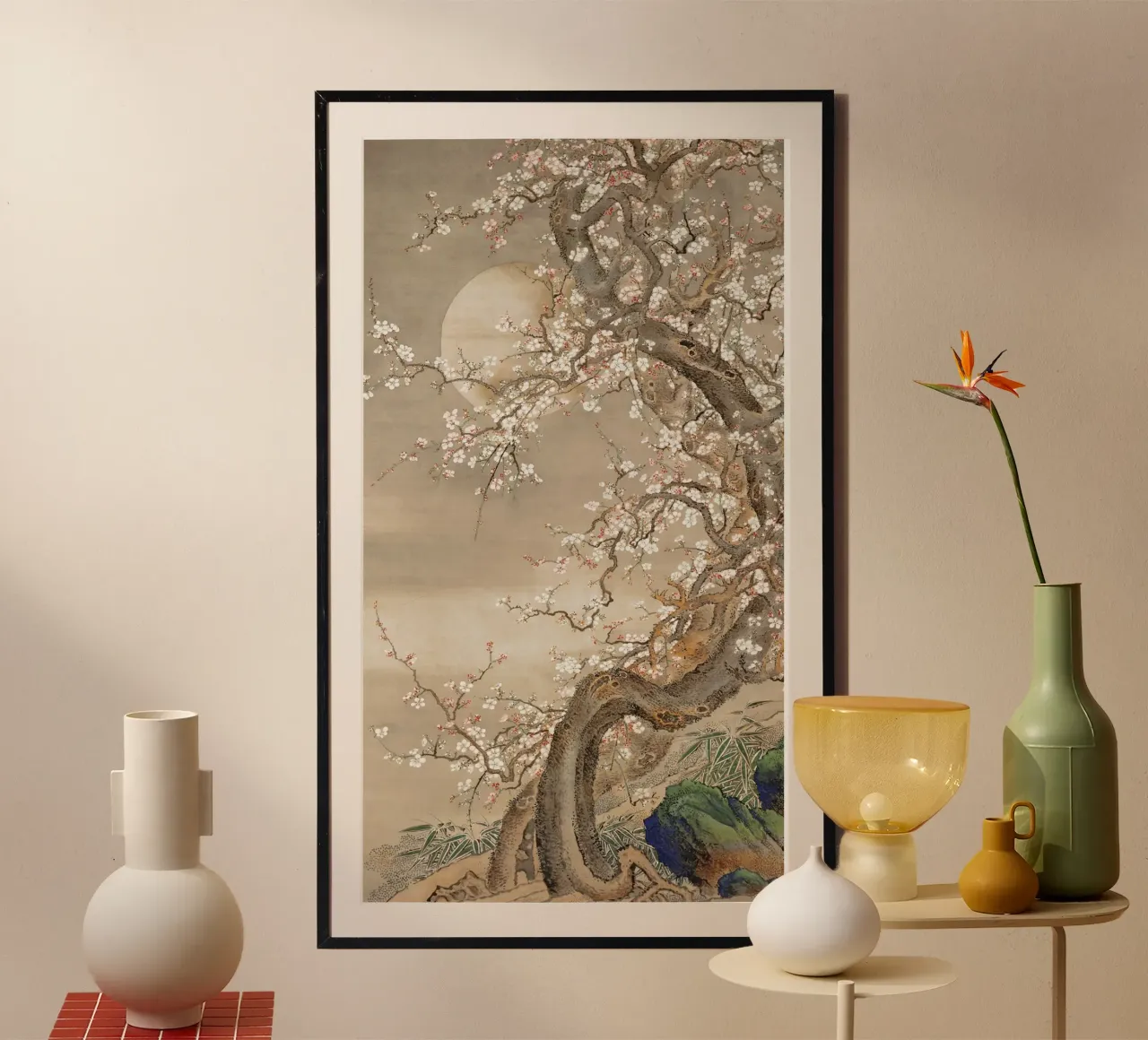 Japanese plum blossoms in moonlight poster with wooden frame by vintageshop