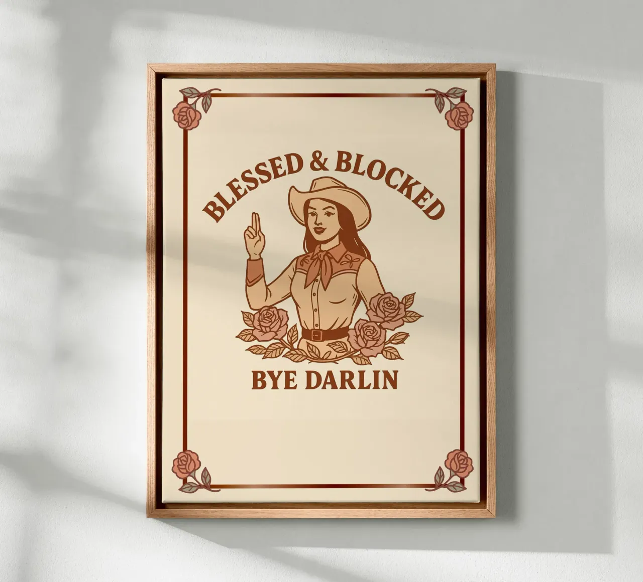 Gezegend & geblokkeerd - Cowgirl scheidingskunst canvas met Baklijst van Taika Tori Art