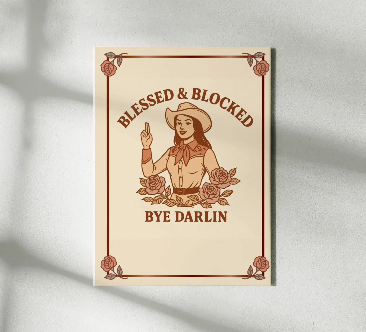 Gezegend & geblokkeerd - Cowgirl scheidingskunst canvas met Baklijst van Taika Tori Art