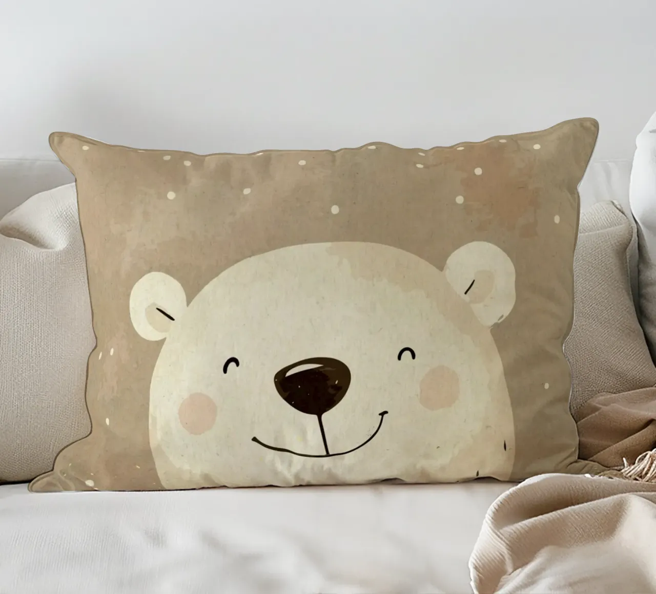 Illustrazione di un orso polare sorridente cuscino da MarcusALibratoreAnimalShop