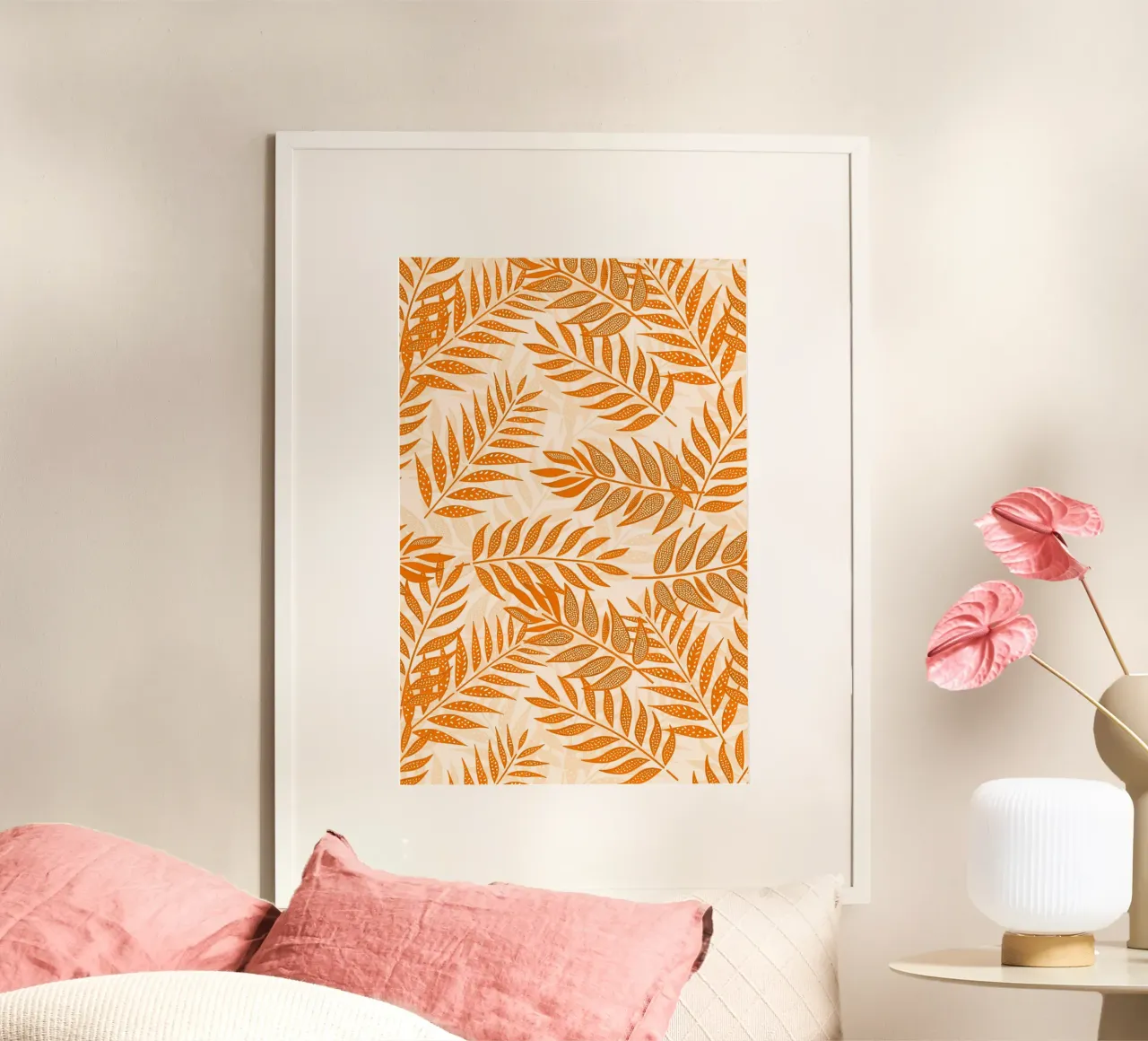 Foglie di palma tropicale arancione poster con telaio in legno da SilverPegasus