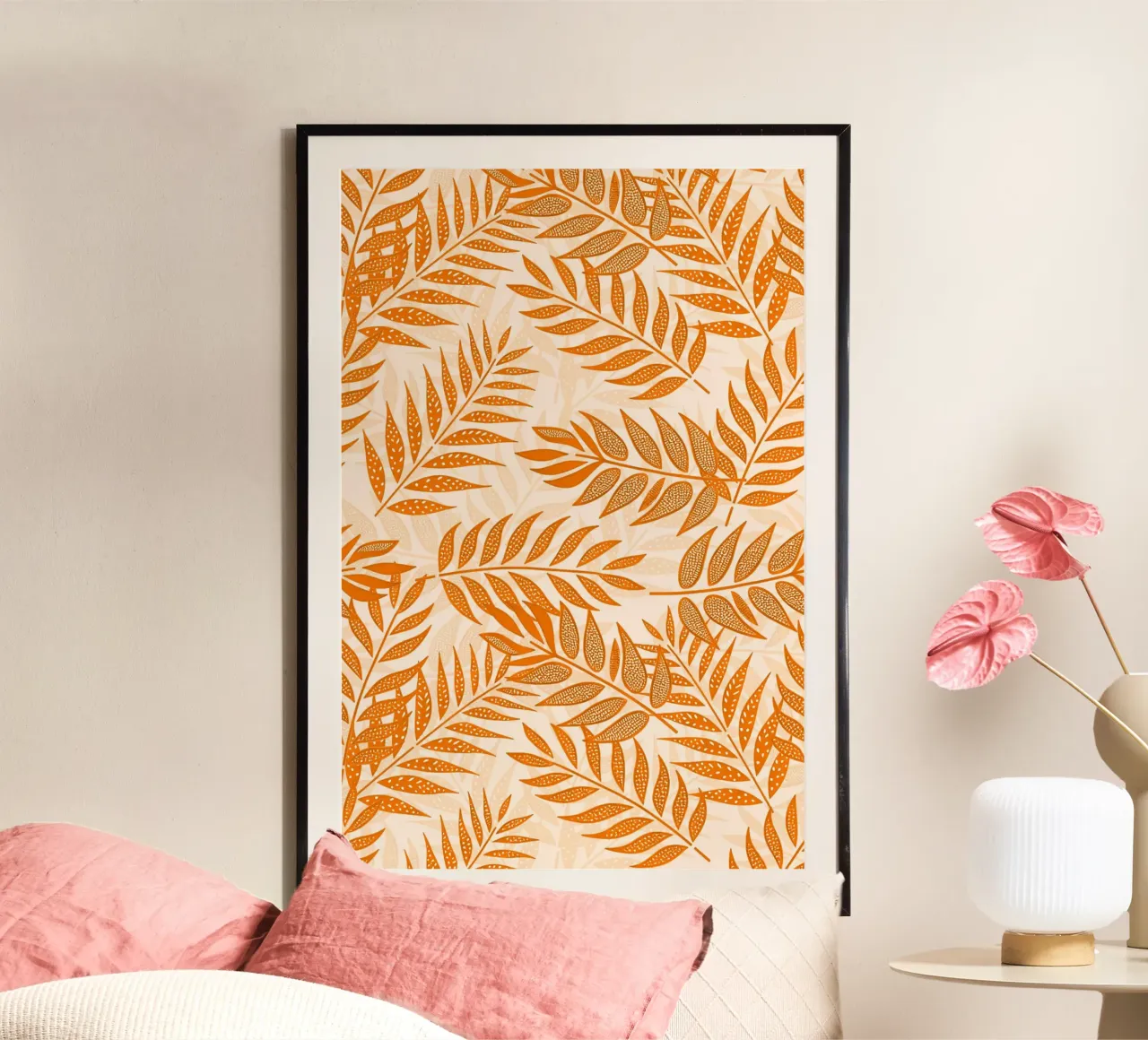 Foglie di palma tropicale arancione poster con telaio in legno da SilverPegasus