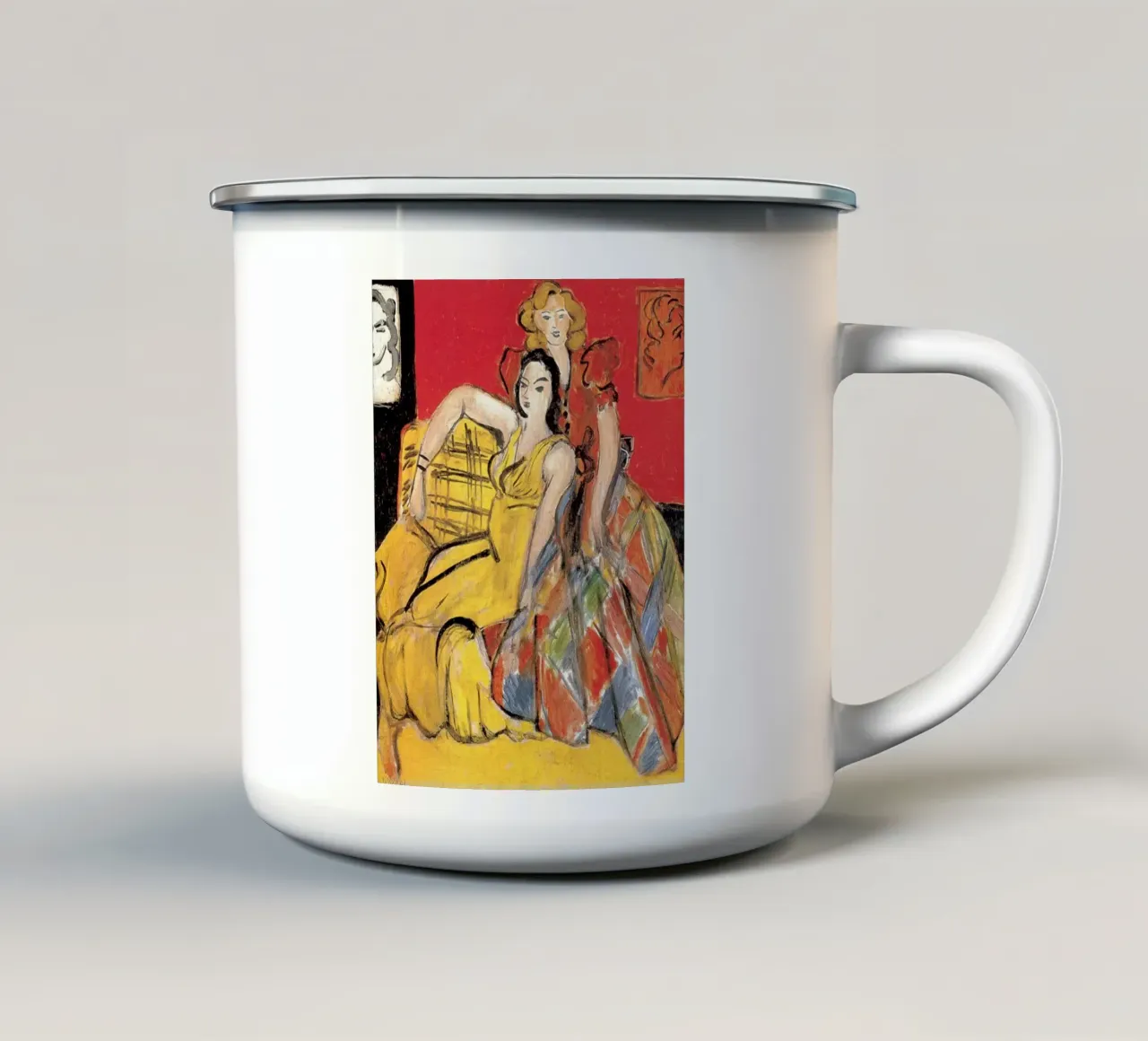 twee vrouwen zitten armleuning emaille mok van briyan shop