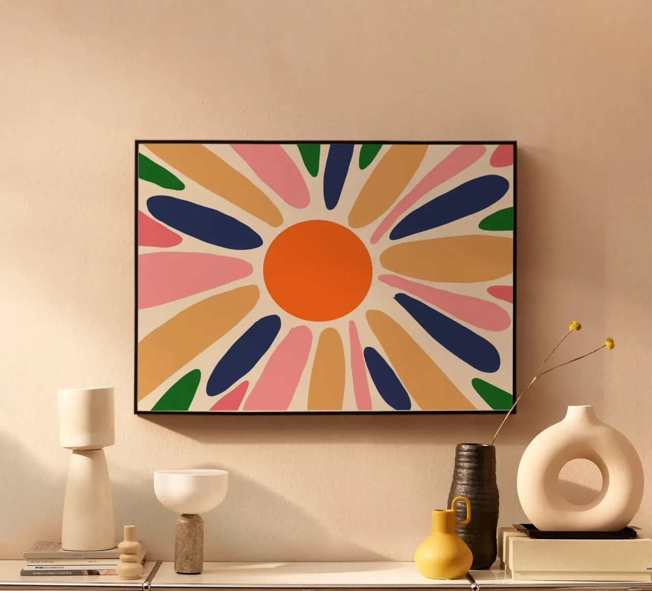 Abstract Boho Sunburst Art Print - Vibrant Floral Design alu-dibond by vintagepod