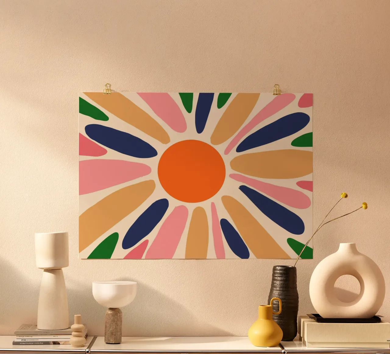 Abstracte Boho Zonnestraal Kunstdruk - Levendig Bloemendesign hahnemühle van vintagepod