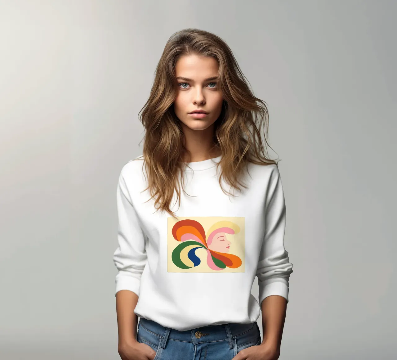 Retro 70s Psychedelic Frau Porträt - Regenbogen Vibes Sweatshirt von vintagepod