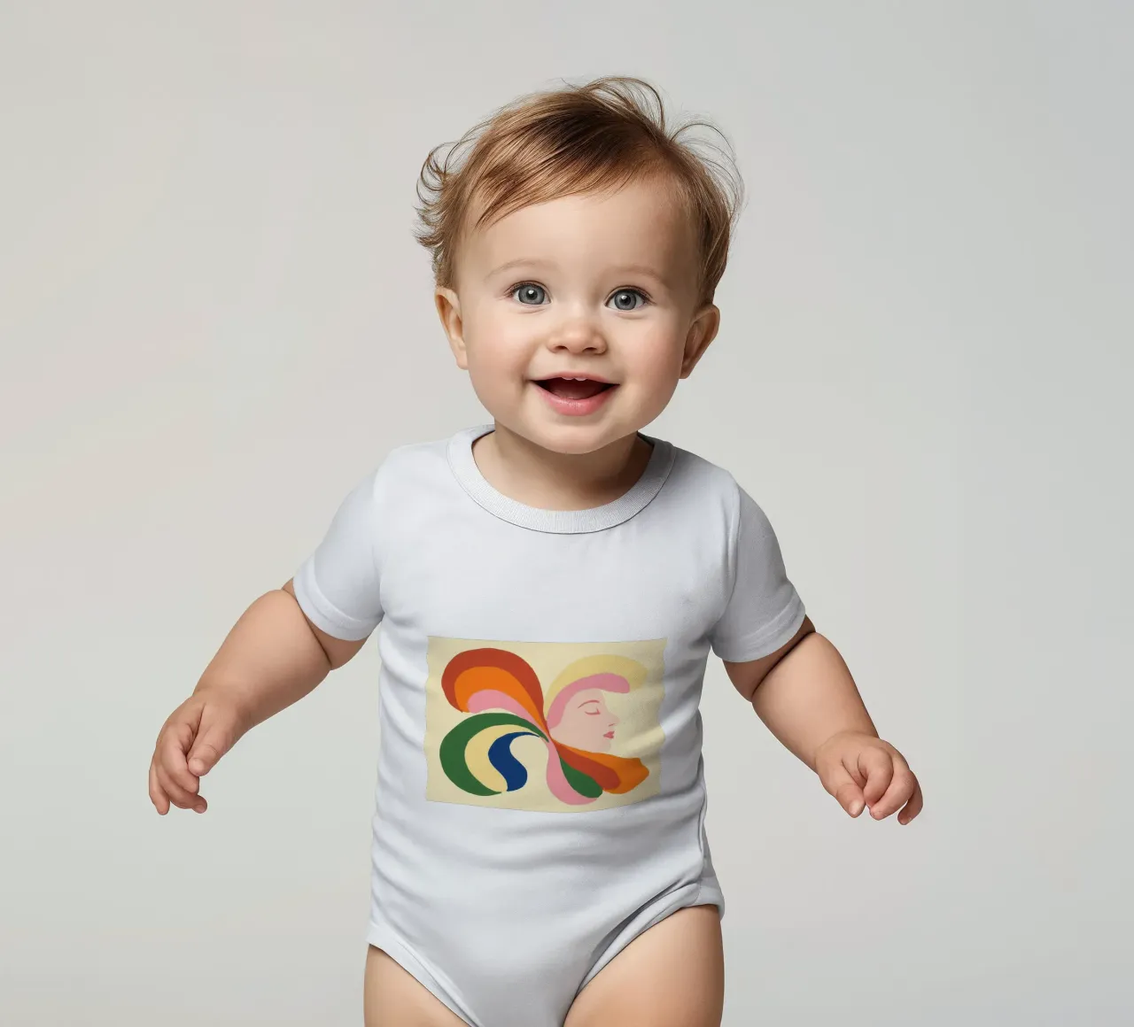 Retro 70s Psychedelic Frau Porträt - Regenbogen Vibes Kurzarm Babybody von vintagepod