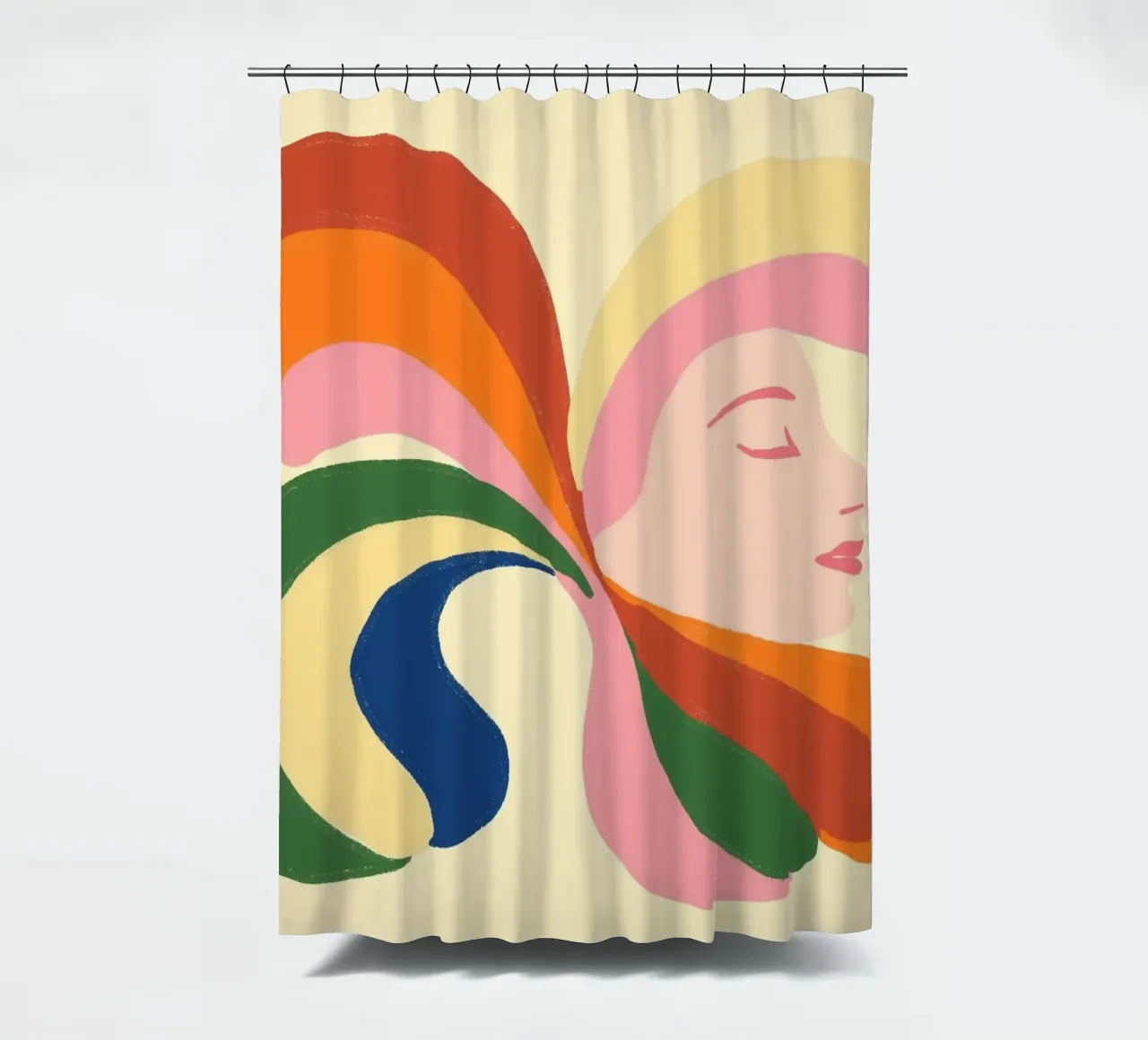 Retro 70s Psychedelic Frau Porträt - Regenbogen Vibes Duschvorhang von vintagepod