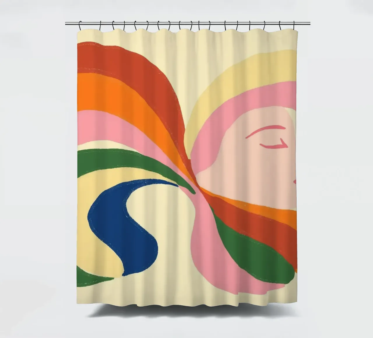 Retro 70s Psychedelic Frau Porträt - Regenbogen Vibes Duschvorhang von vintagepod