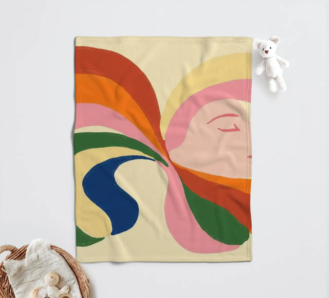 Retro 70s Psychedelic Frau Porträt - Regenbogen Vibes Fleecedecke von vintagepod