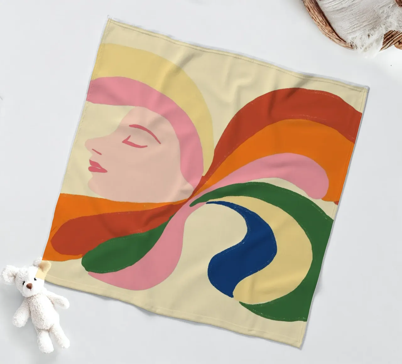 Retro 70s Psychedelic Frau Porträt - Regenbogen Vibes Fleecedecke von vintagepod