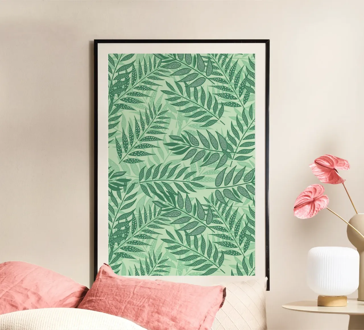 Foglie di palma tropicale verde tenue poster con telaio in plastica da SilverPegasus