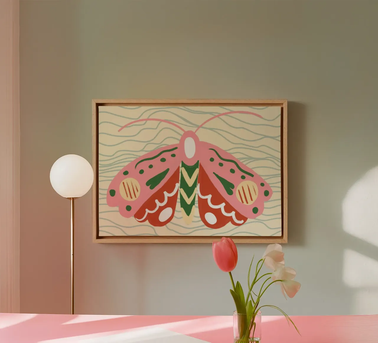 Boho Folk Art Mot - Roze & Groene Botanische Print canvas met Baklijst van vintagepod
