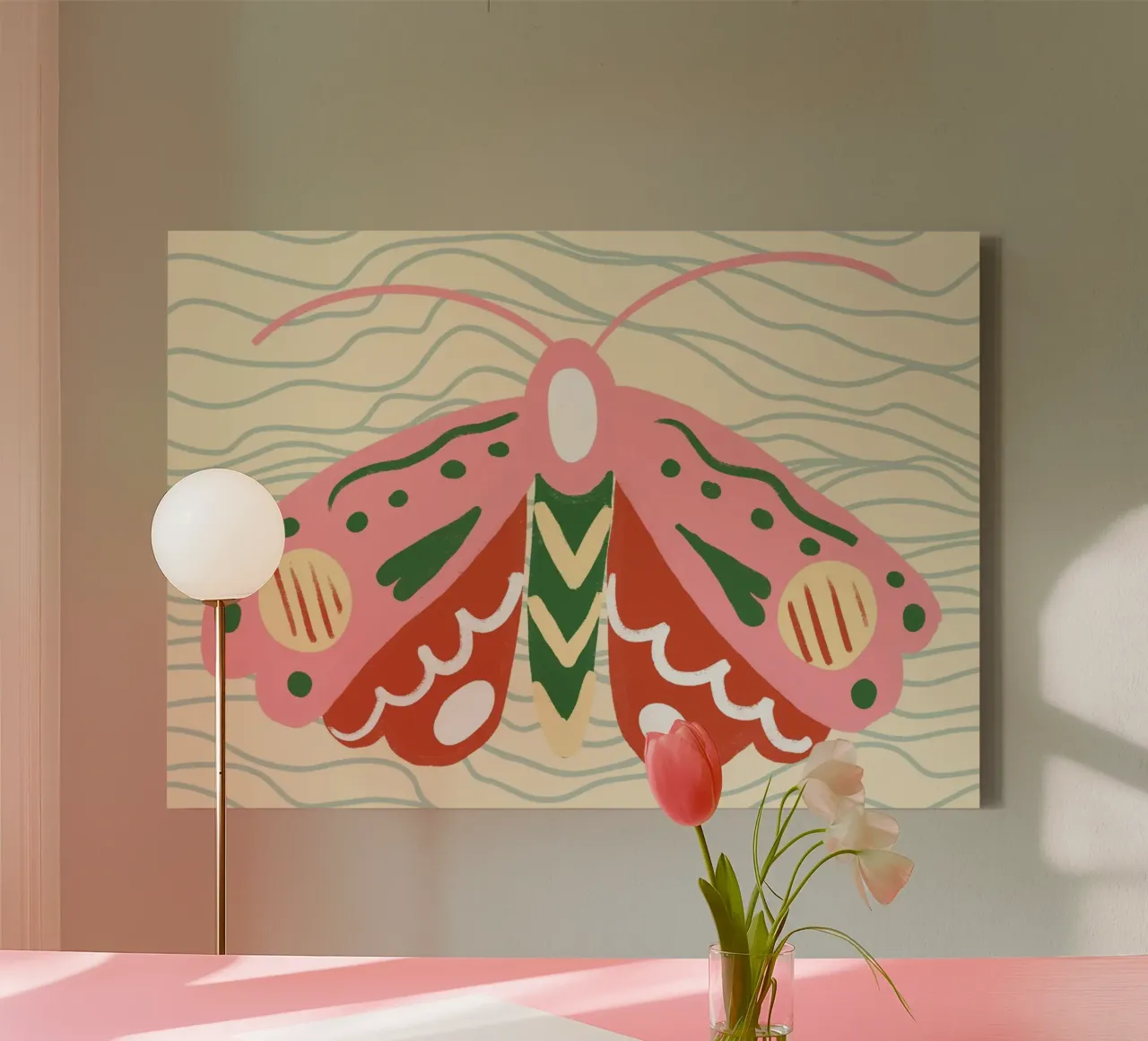 Boho Folk Art Mot - Roze & Groene Botanische Print canvas met Baklijst van vintagepod