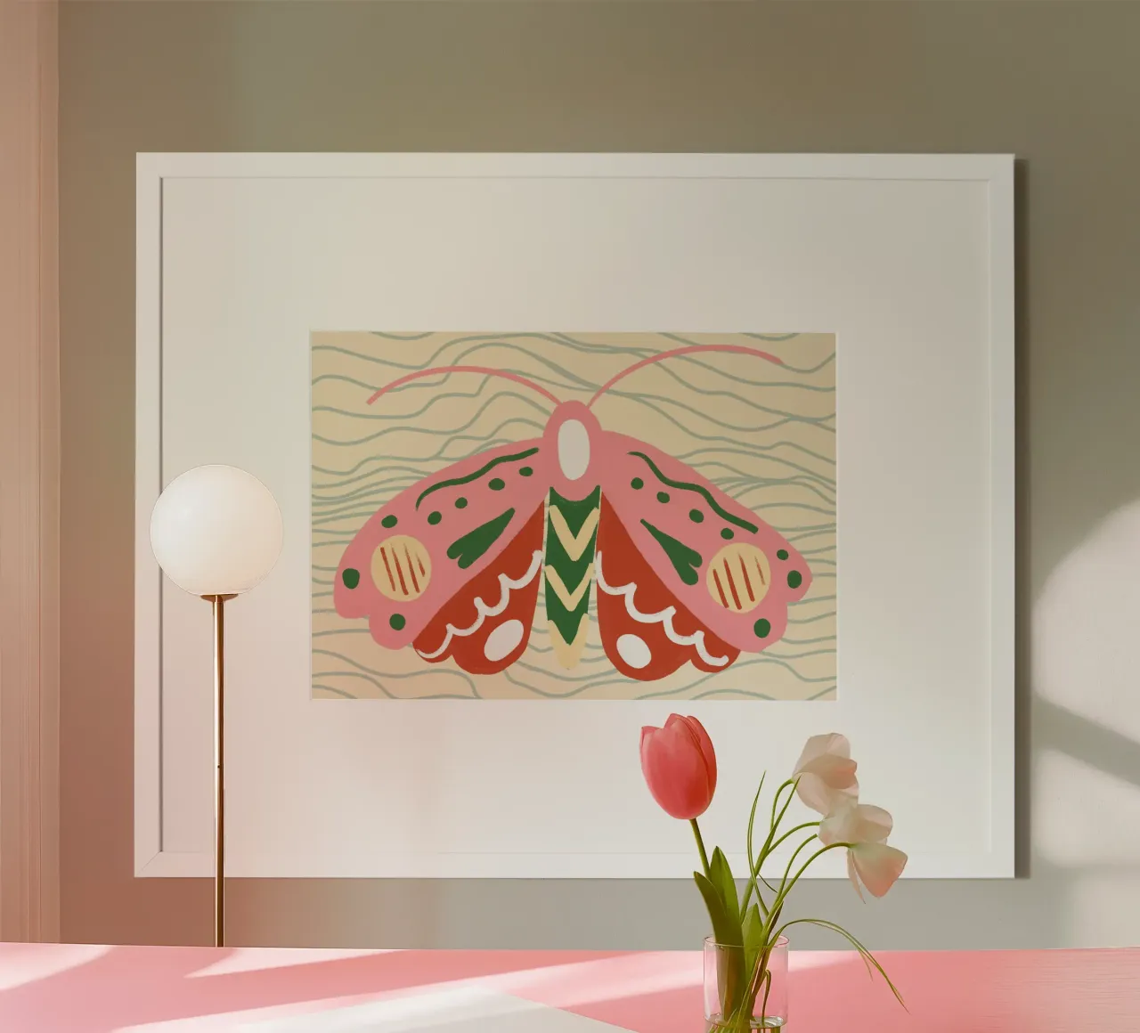 Boho Folk Art Moth - Pink & Green Botanical Print poster with aluminum frame by vintagepod