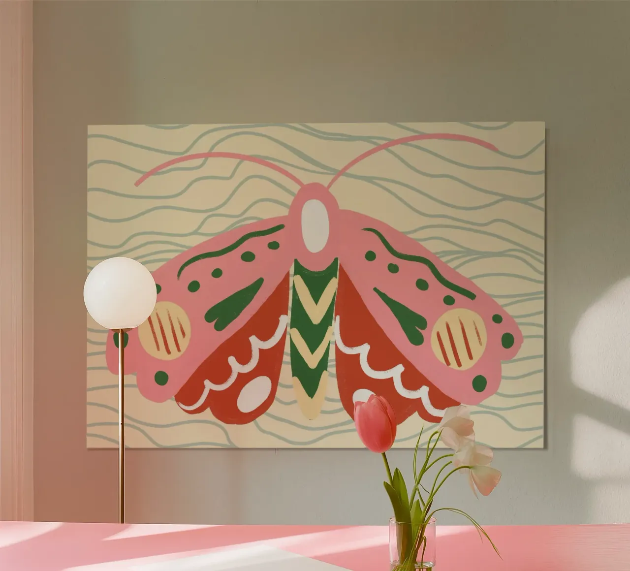 Boho Folk Art Moth - Pink & Green Botanical Print poster with aluminum frame by vintagepod