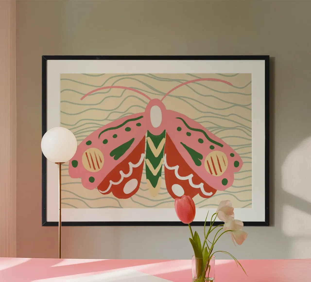 Boho Folk Art Moth - Pink & Green Botanical Print poster with aluminum frame by vintagepod
