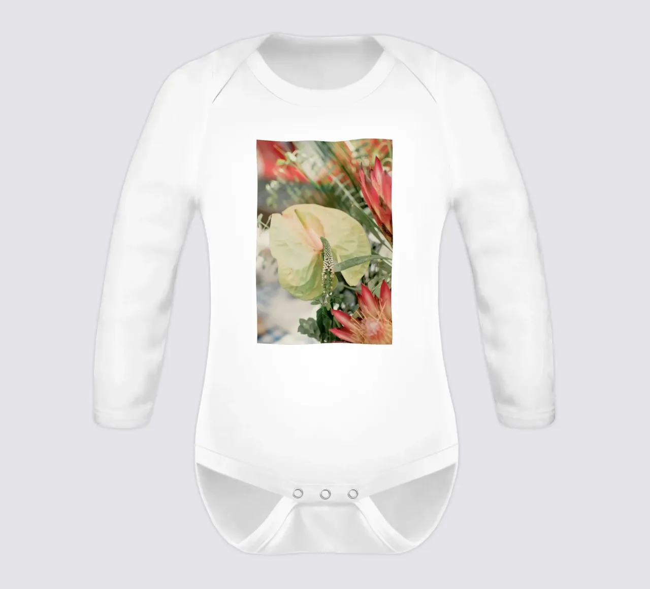 anthurium tropical long-sleeve baby romper by Earthly Visions