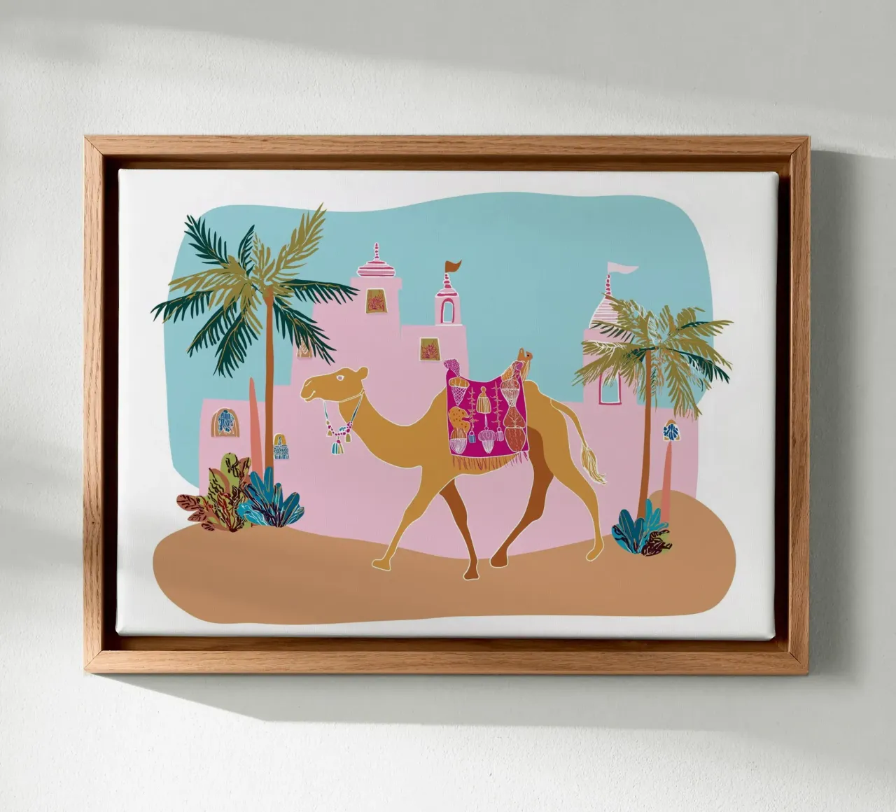 Whimsical Moroccan Camel - Desert Oasis Art Print canvas with Floater frame by vintagepod