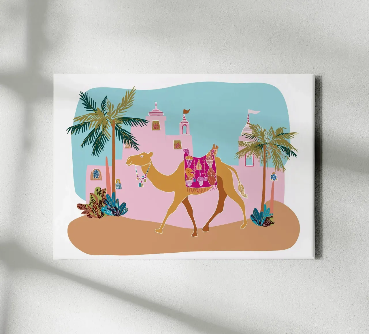 Whimsical Moroccan Camel - Desert Oasis Art Print canvas with Floater frame by vintagepod